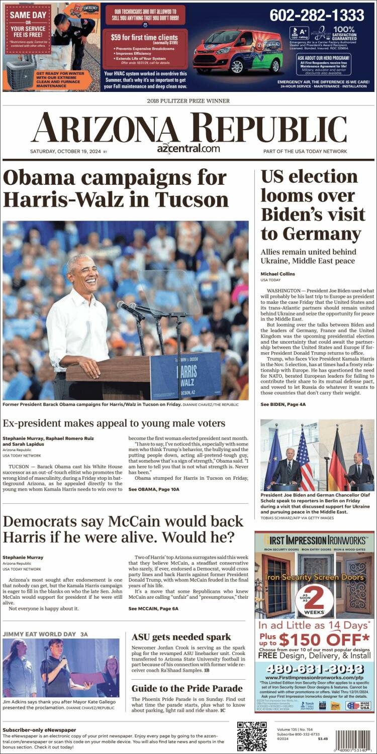 Portada de Arizona Republic News (USA)