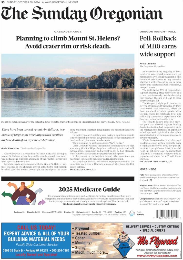 Portada de The Oregonian (USA)