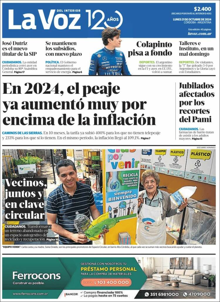 Portada de La Voz del Interior (Argentina)