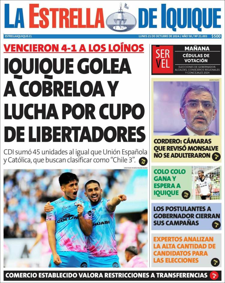 Portada de La Estrella de Iquique (Chile)