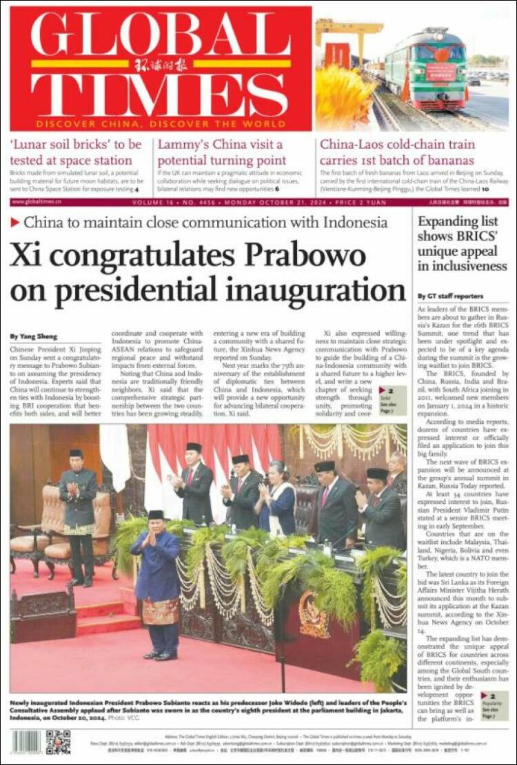 Portada de The Global Times (China)