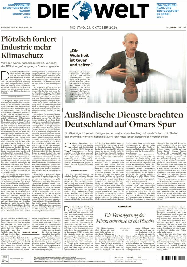 Portada de Die Welt (Alemania)