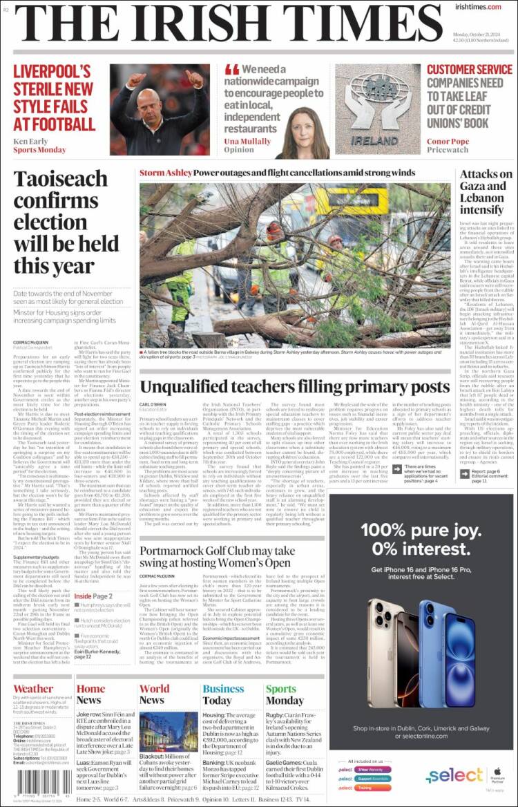 Portada de Irish Times (Irlanda)