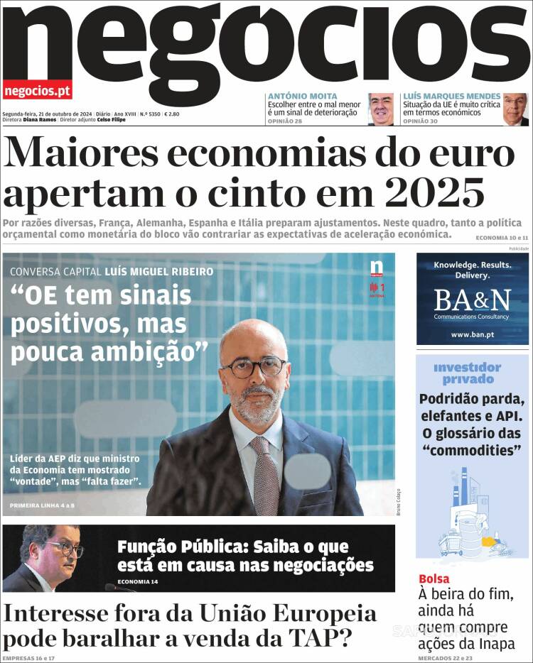 Portada de Jornal de Negócios (Portugal)