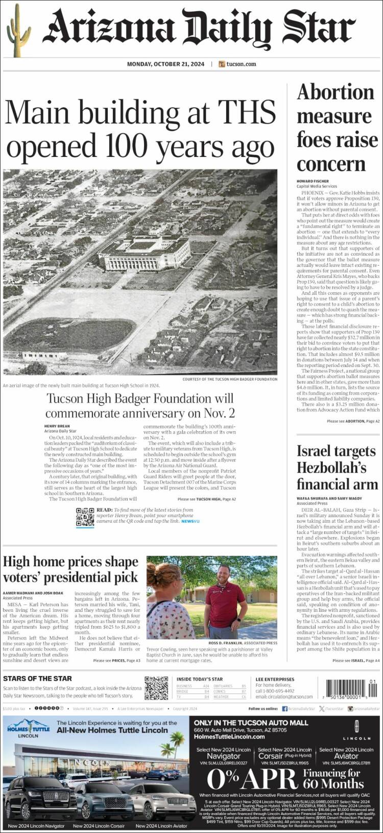 Portada de Arizona Daily Star (USA)