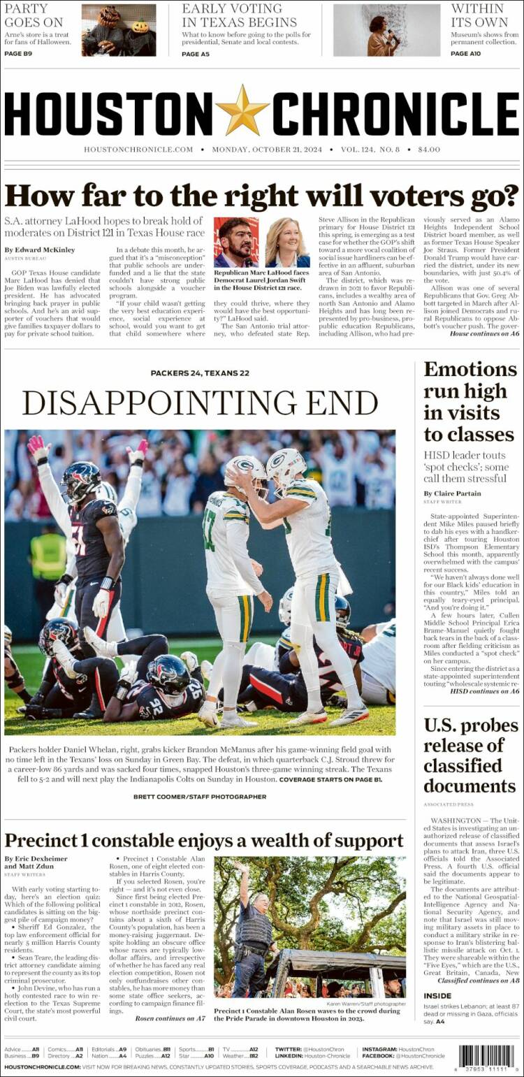Portada de Houston Chronicle (USA)