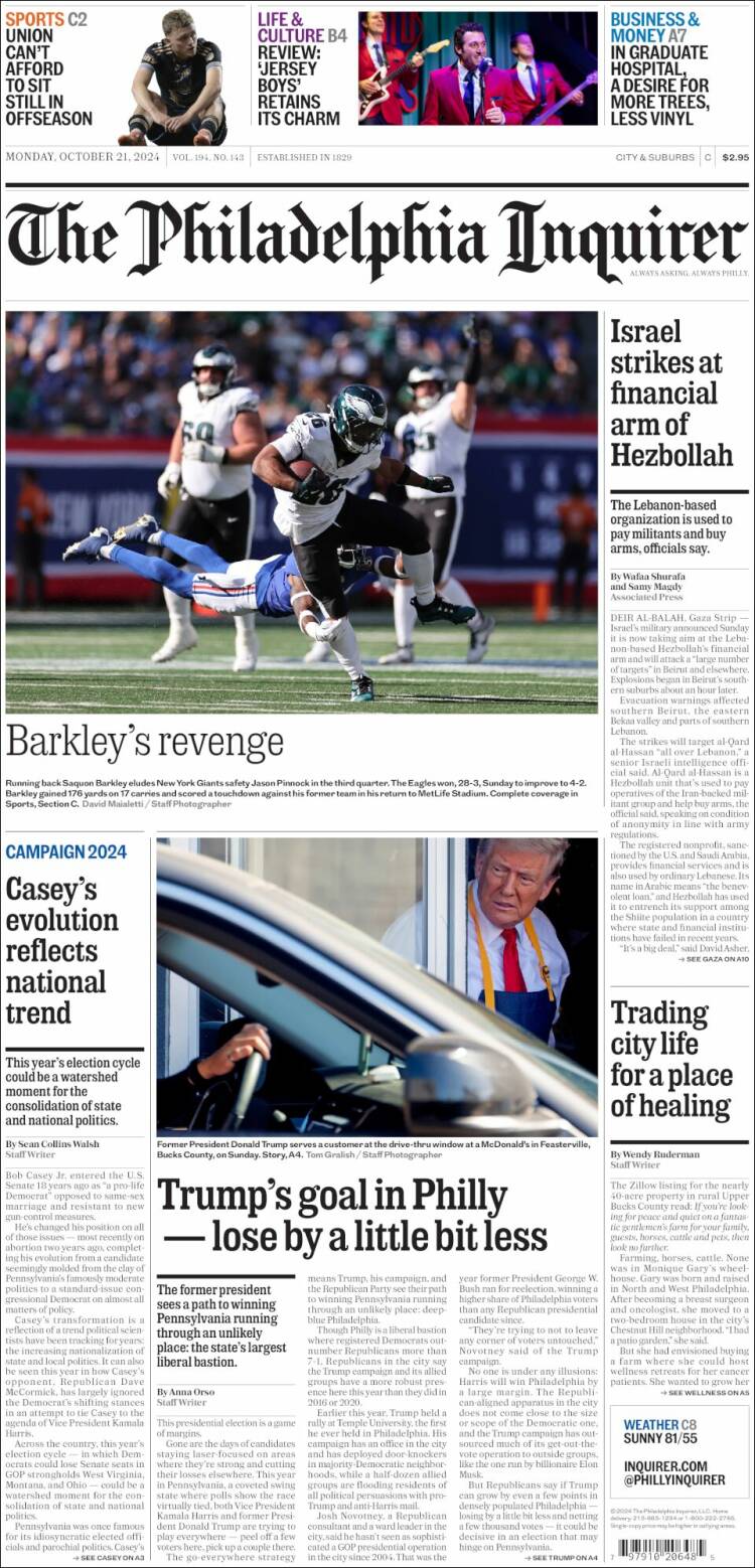 Portada de Philadelphia Inquirer (USA)