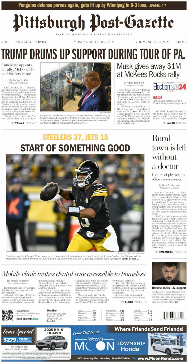 Portada de Pittsburgh Post-Gazette (USA)