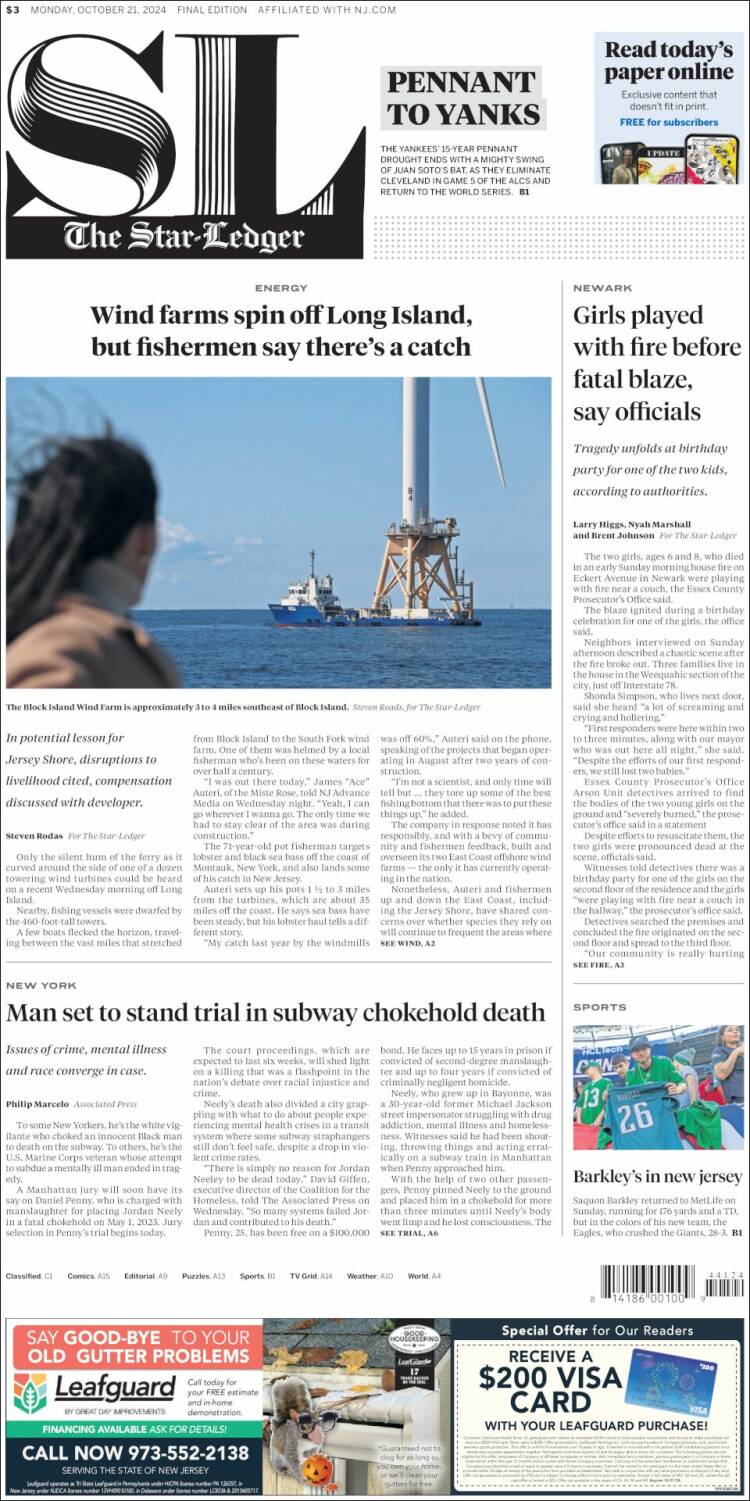 Portada de Star-Ledger (USA)