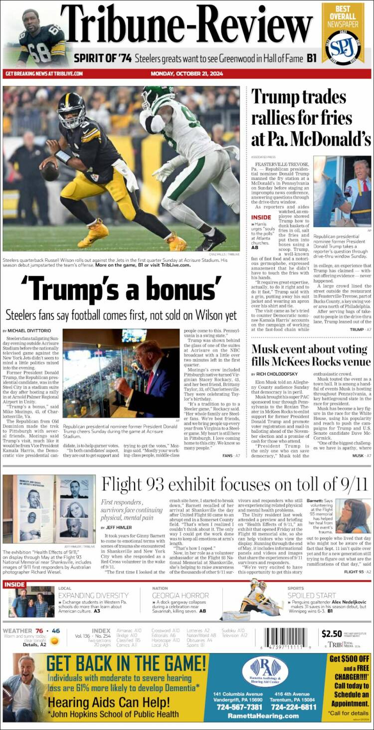 Portada de Tribune-Review (USA)