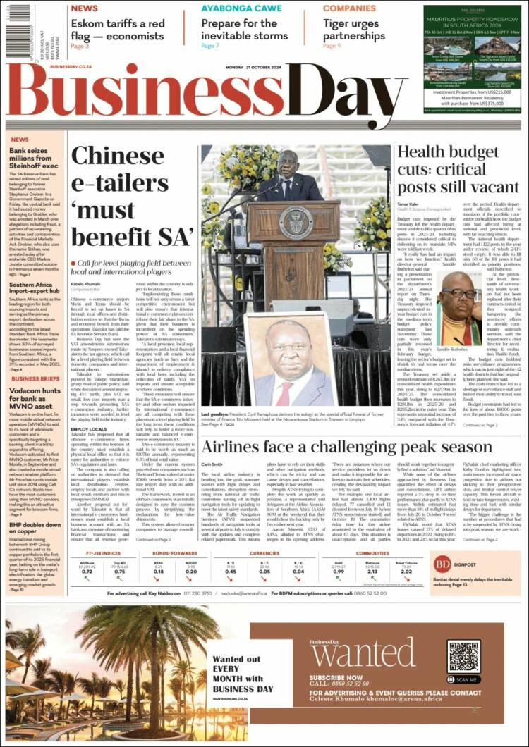 Portada de Business Day (Sud&aacute;frica)