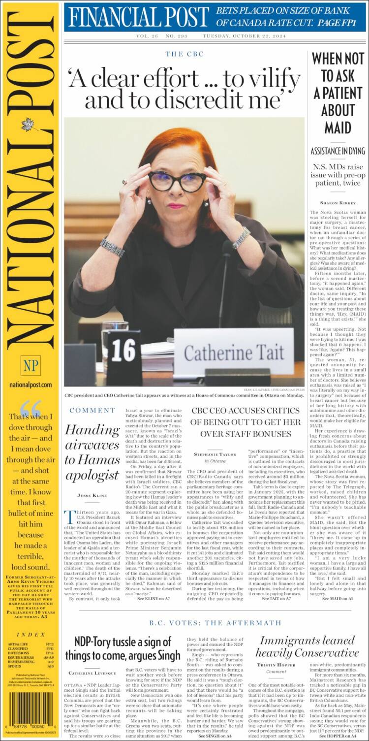 Portada de The National Post (Canadá)