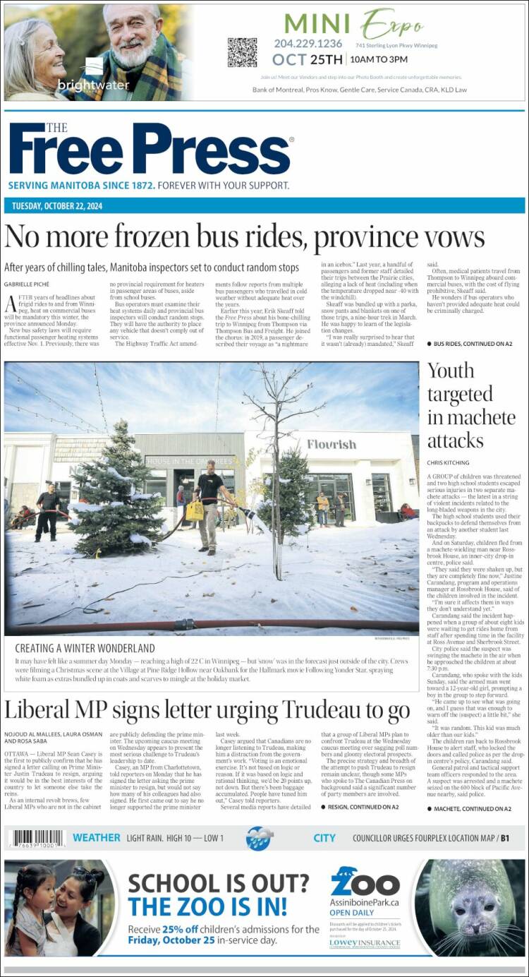 Portada de Winnipeg Free Press (Canadá)