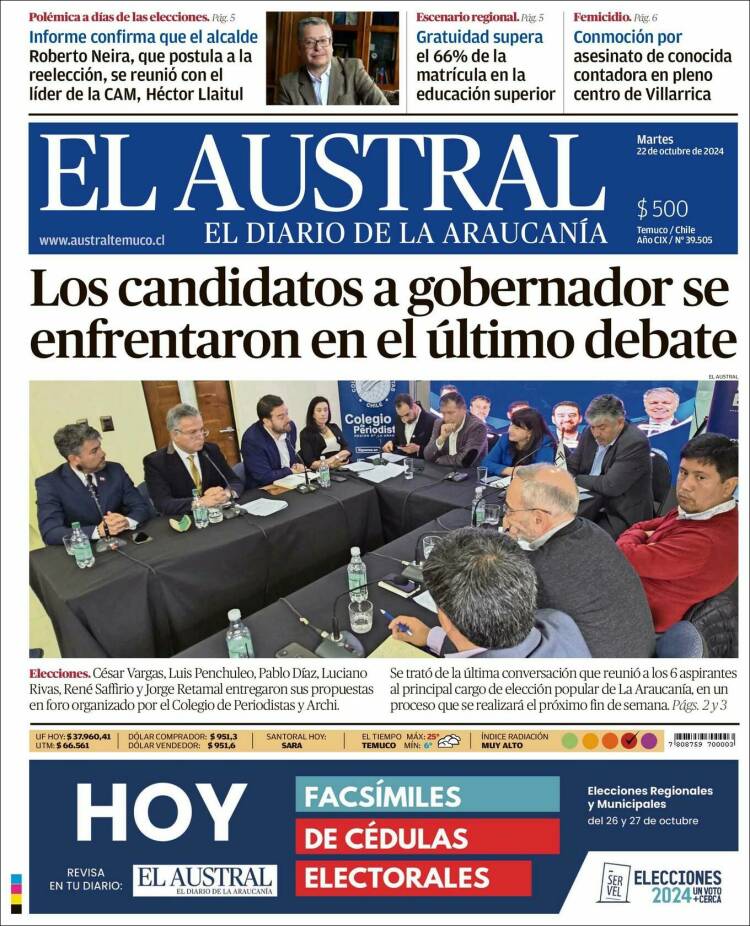 Portada de El Austral de Temuco (Chile)