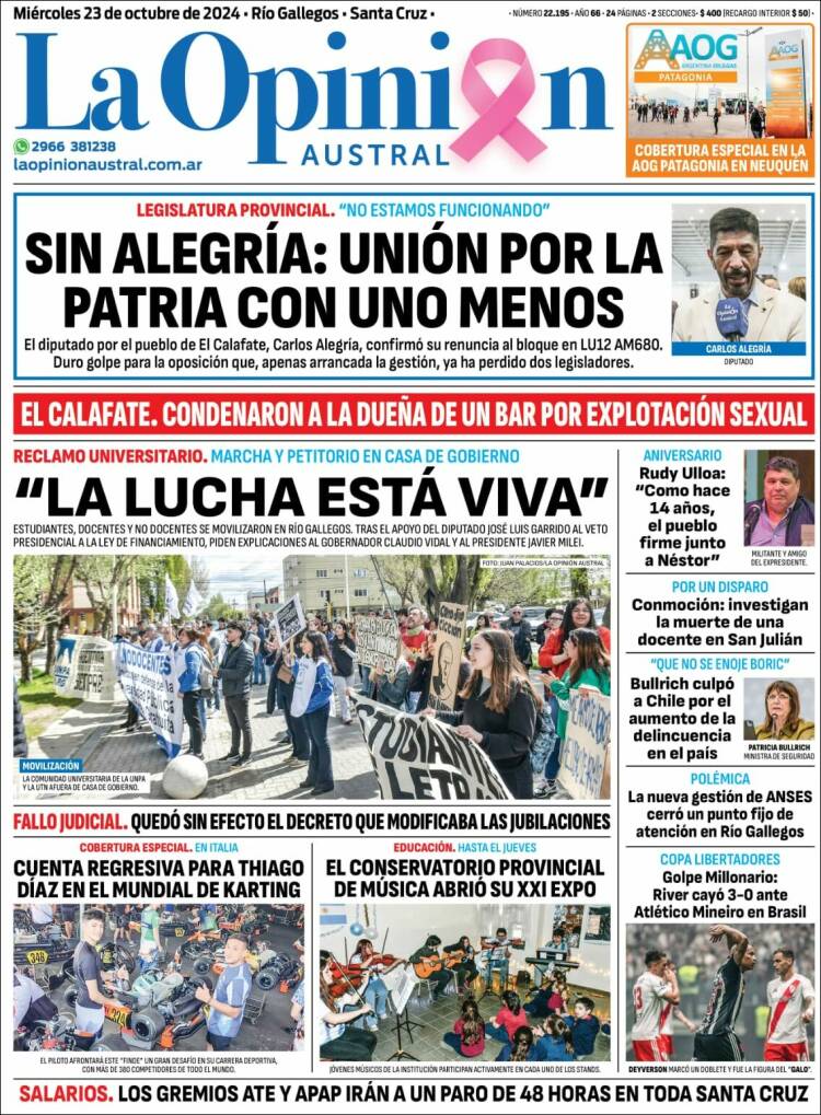 Portada de La Opinión Austral (Argentina)