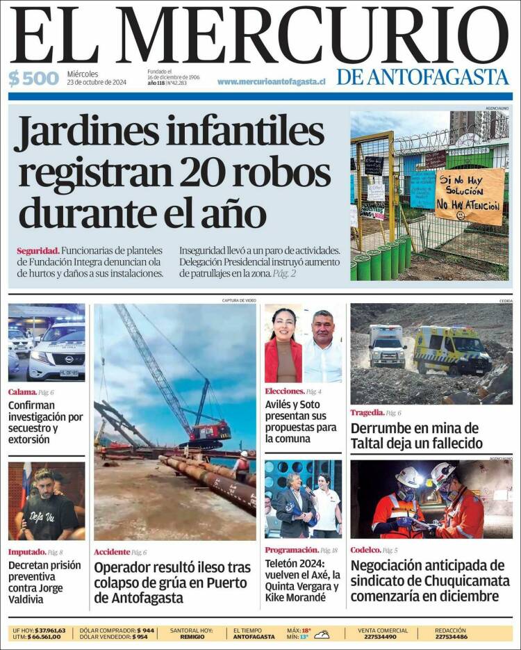 Portada de El Mercurio de Antofagasta (Chile)