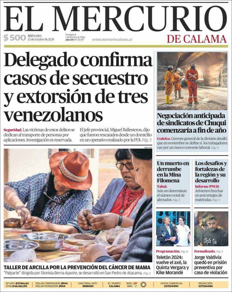 Portada de El Mercurio - Calama (Chile)