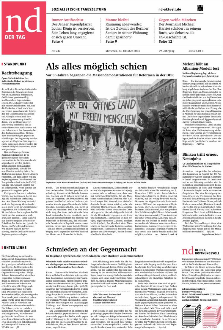 Portada de Neues Deutschland (Alemania)