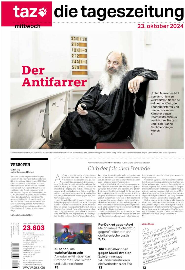 Portada de Die Tageszeitung (Alemania)