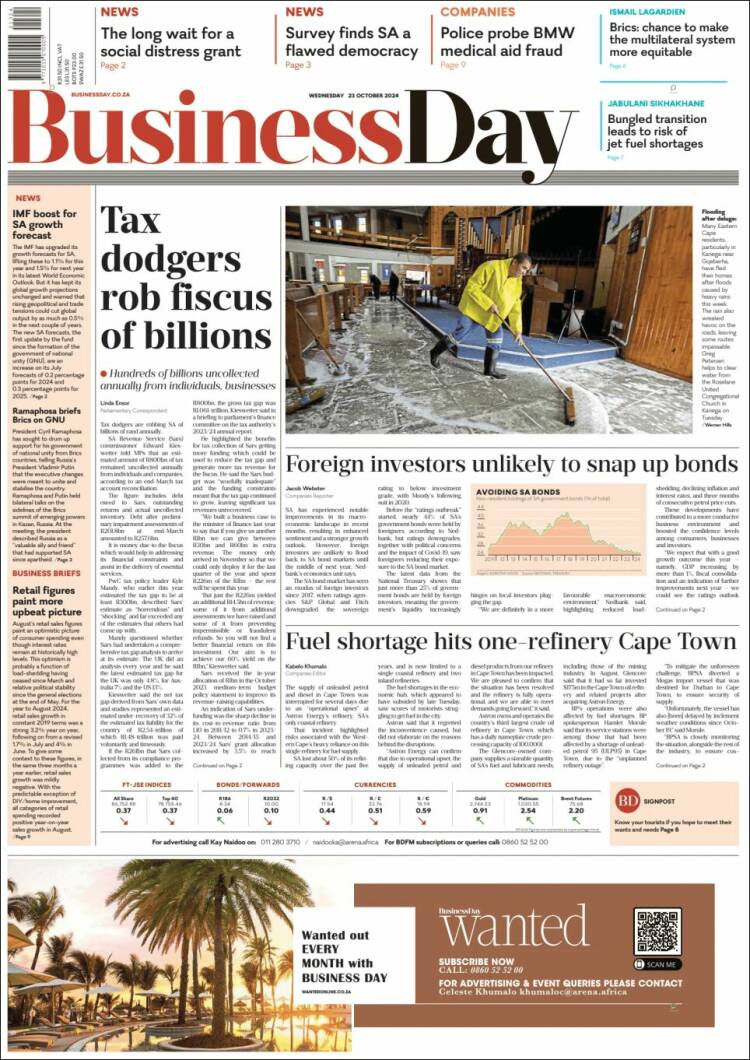 Portada de Business Day (Afrique du Sud)