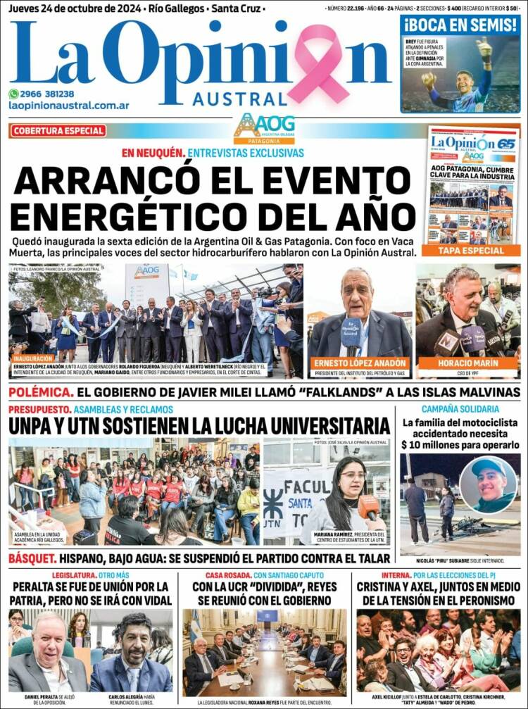 Portada de La Opinión Austral (Argentina)