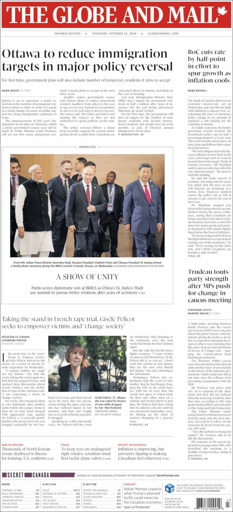Portada de The Globe and Mail (Canadá)