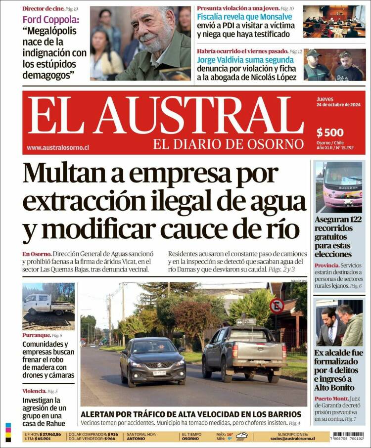 Portada de El Austral de Osorno (Chile)
