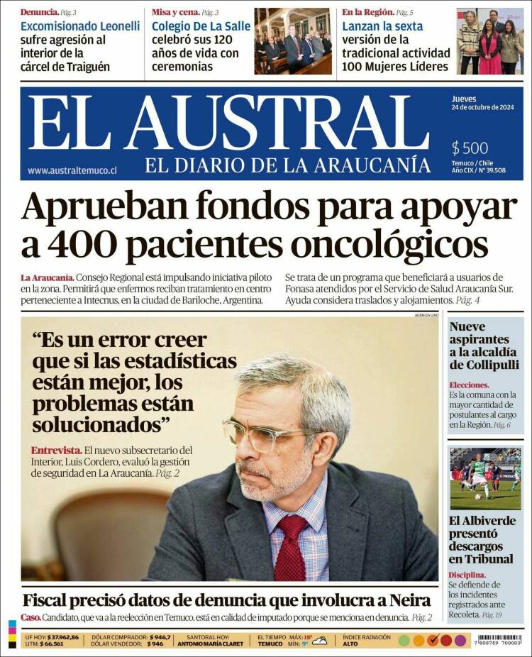 Portada de El Austral de Temuco (Chile)