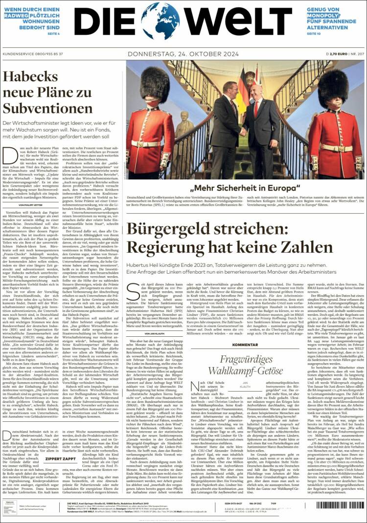 Portada de Die Welt (Alemania)