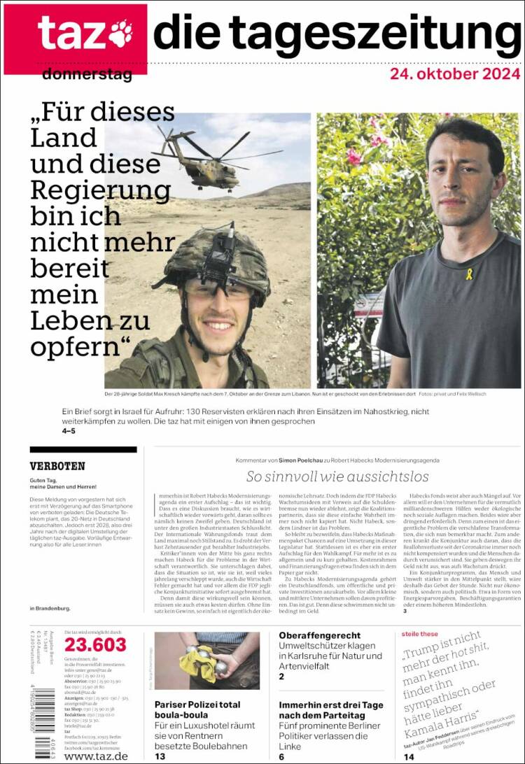 Portada de Die Tageszeitung (Alemania)