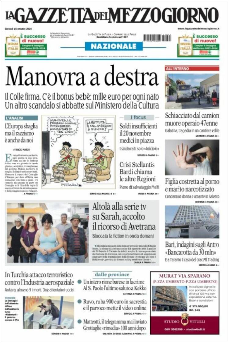 Portada de La Gazzetta del Mezzogiorno (Italia)