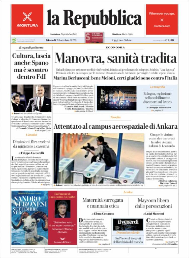Portada de La Repubblica (Italia)