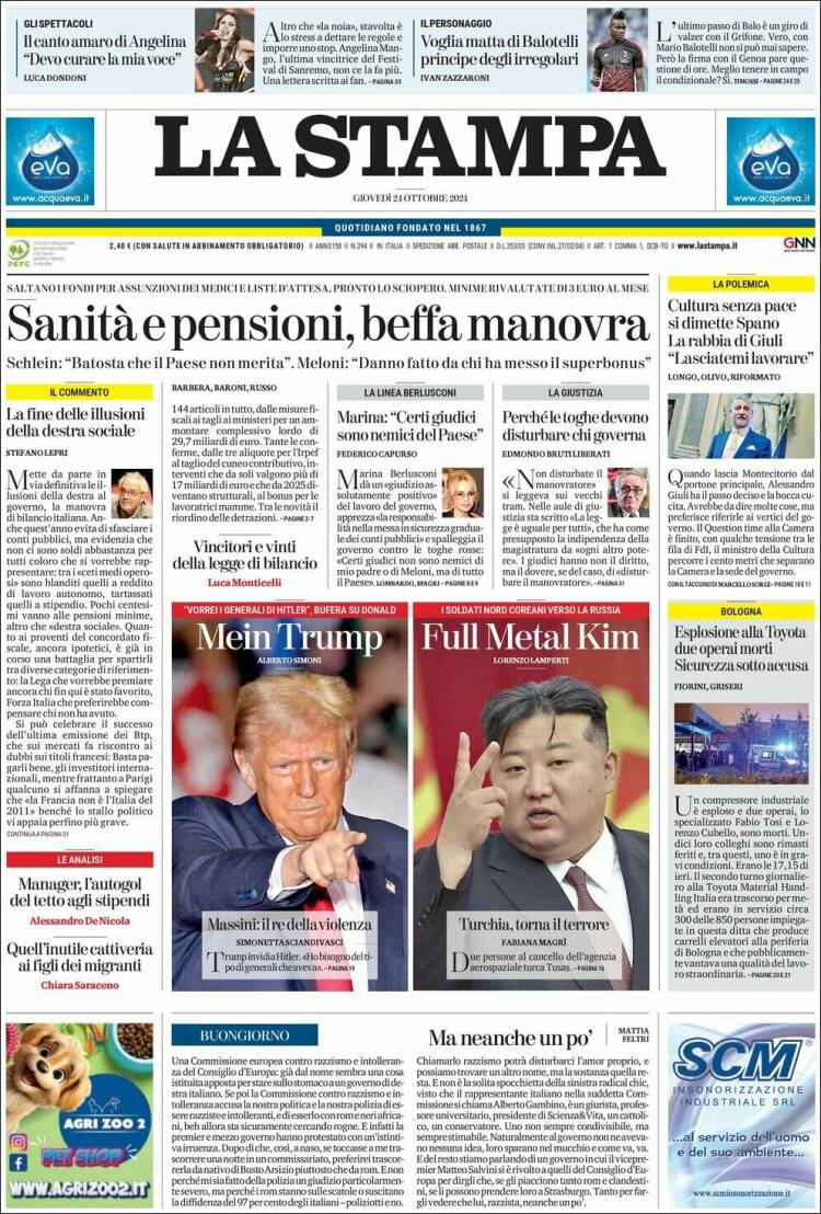 Portada de La Stampa (Italia)