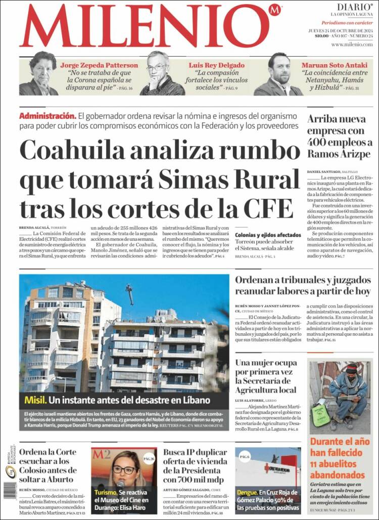 Portada de Milenio - Laguna (M&eacute;xico)