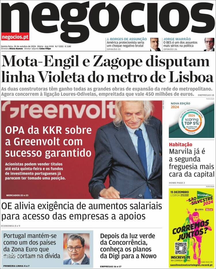 Portada de Jornal de Negócios (Portugal)