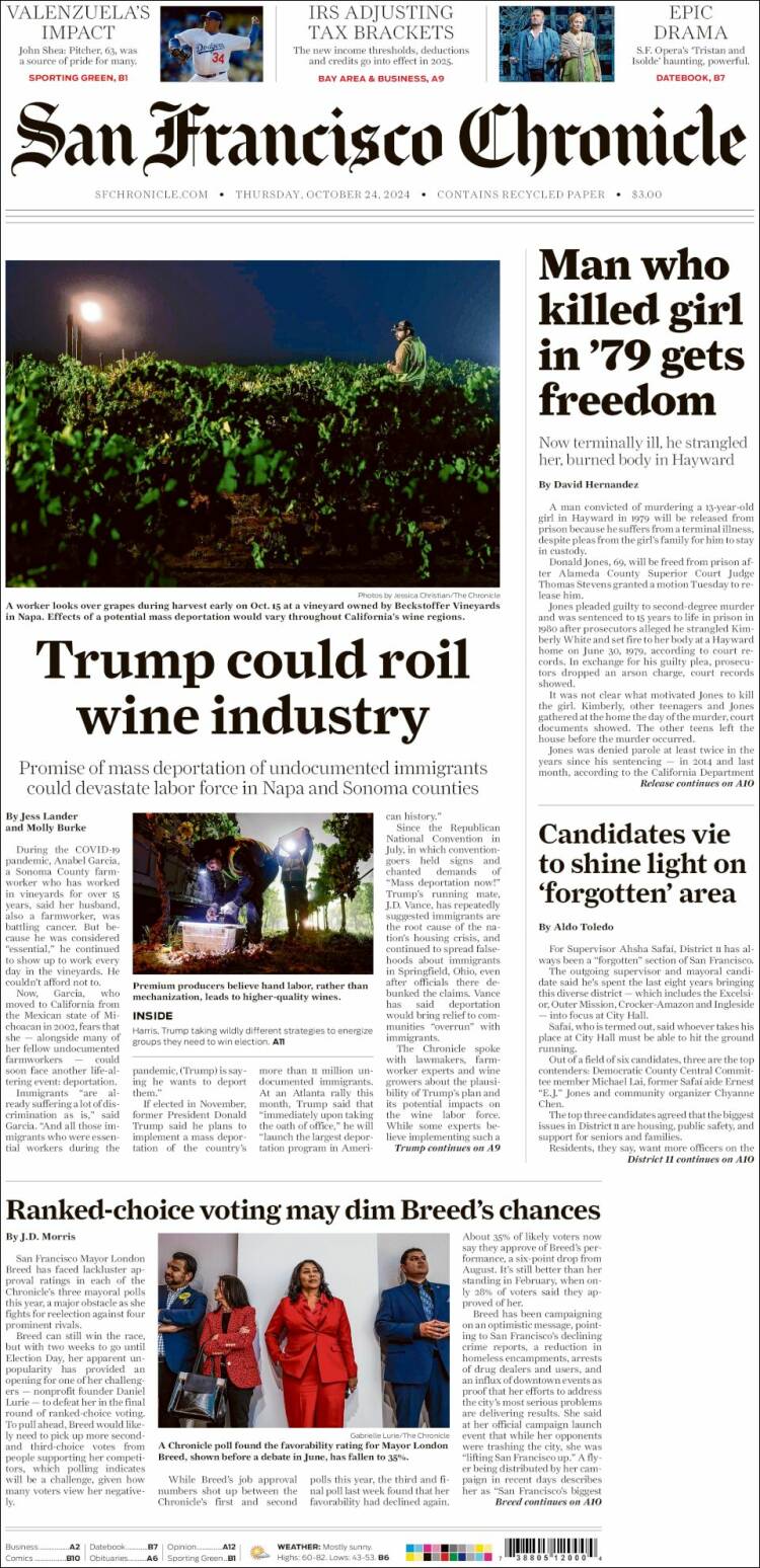 Portada de San Francisco Chronicle (USA)
