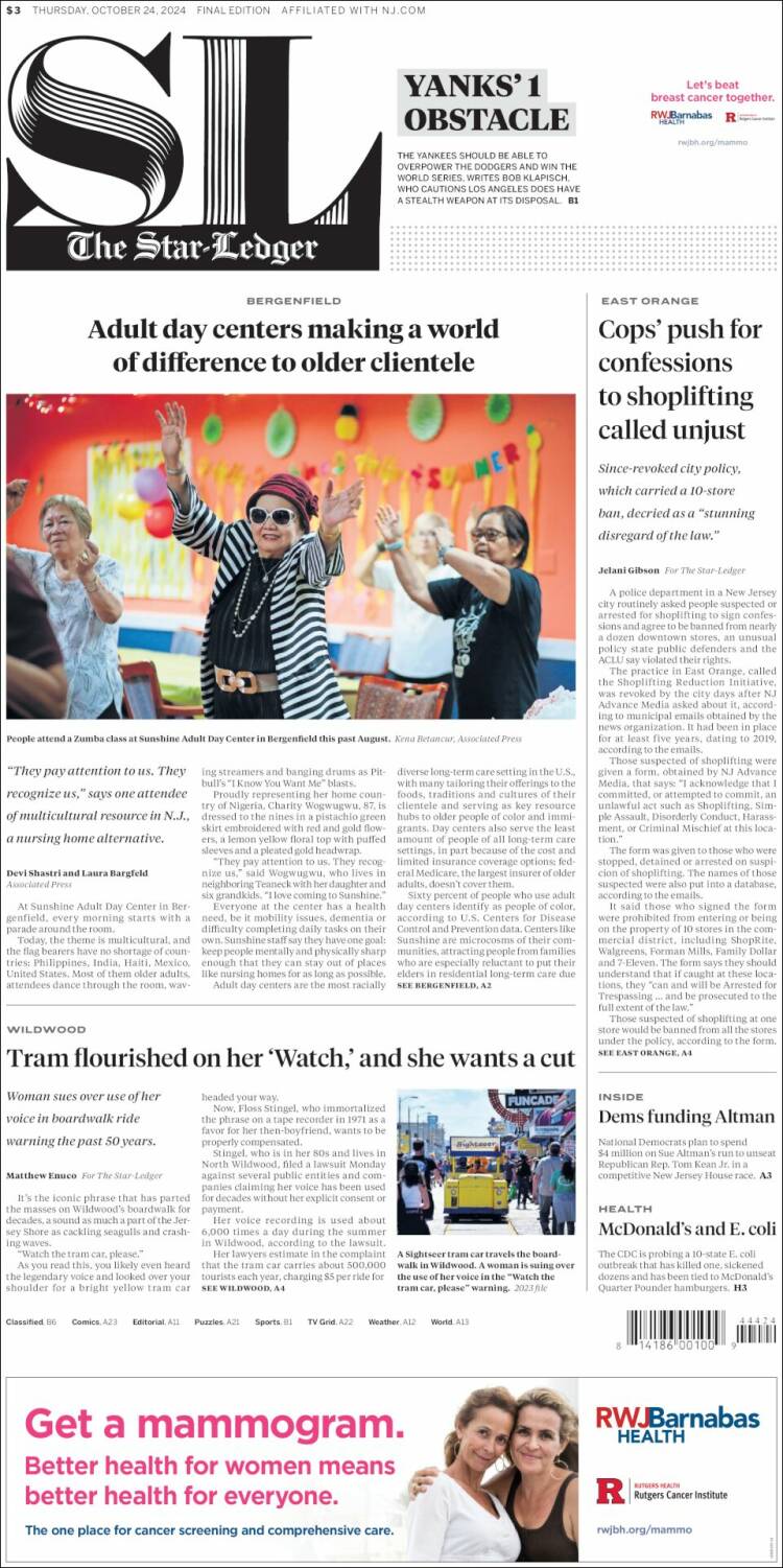 Portada de Star-Ledger (USA)