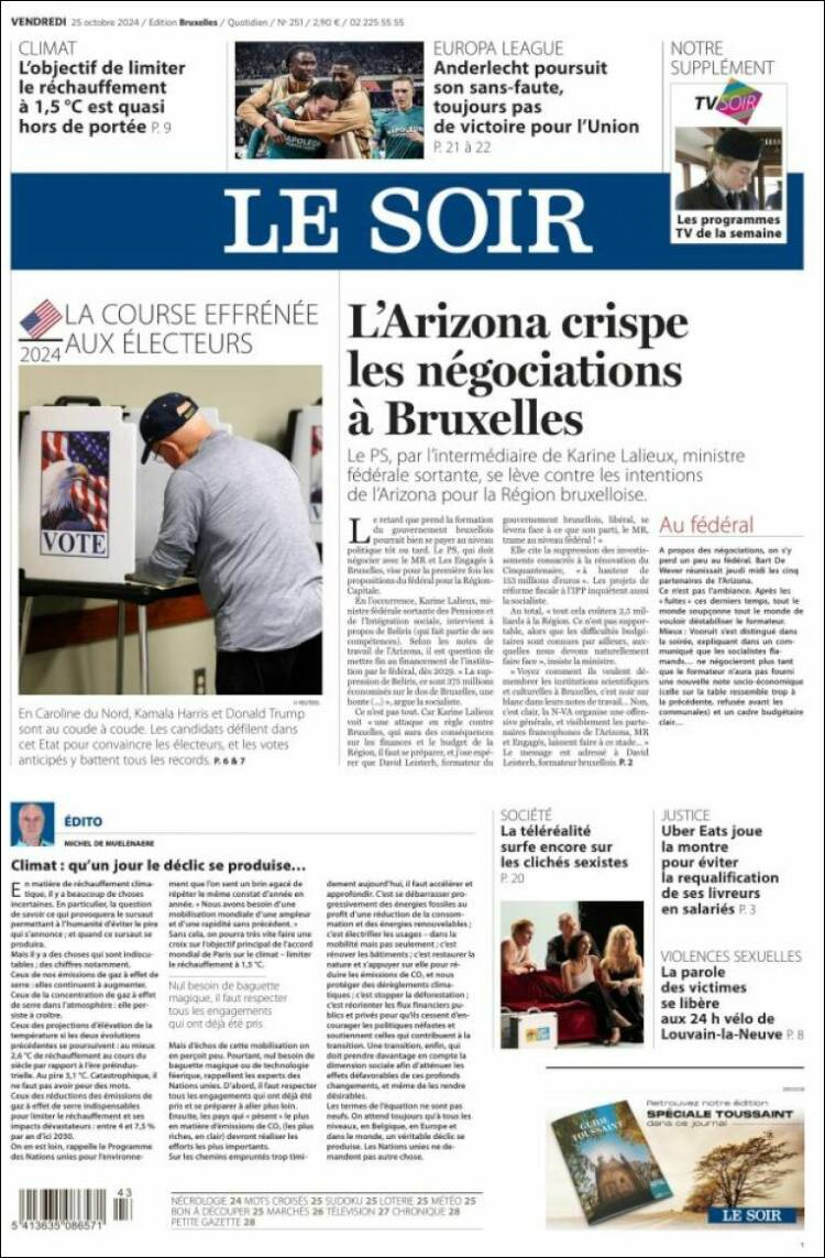 Portada de Le Soir (B&eacute;lgica)