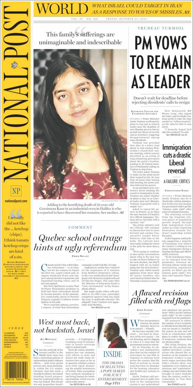 Portada de The National Post (Canadá)