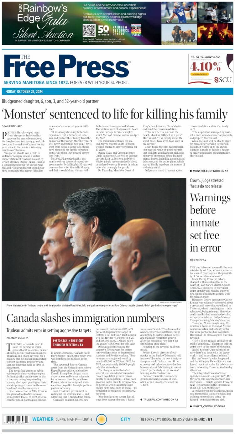 Portada de Winnipeg Free Press (Canadá)