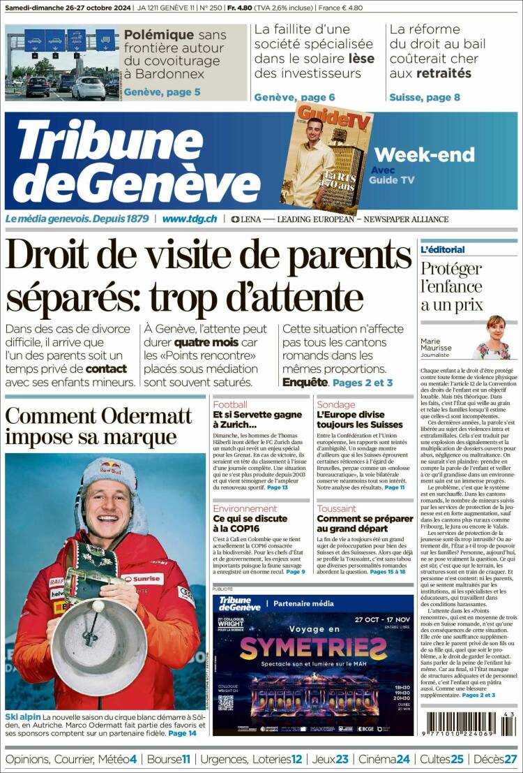Portada de La Tribune de Genève (Suiza)