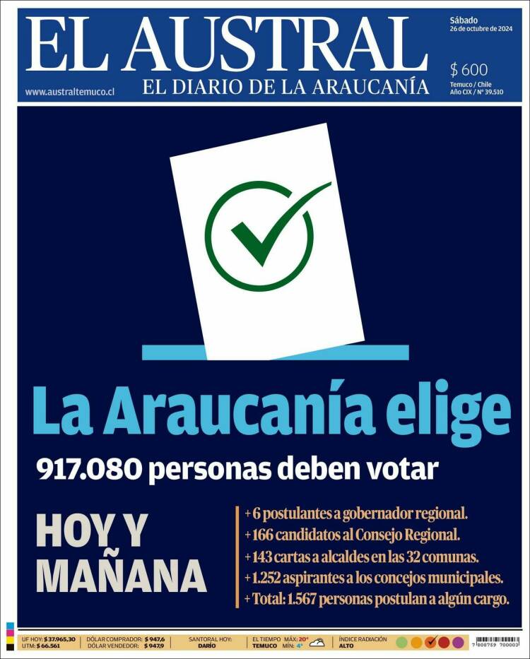 Portada de El Austral de Temuco (Chile)