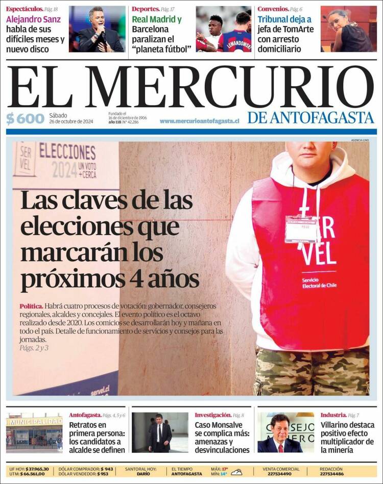 Portada de El Mercurio de Antofagasta (Chile)