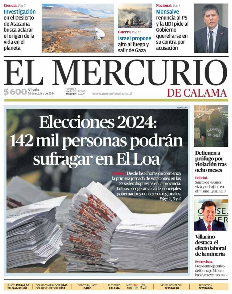 Portada de El Mercurio - Calama (Chile)