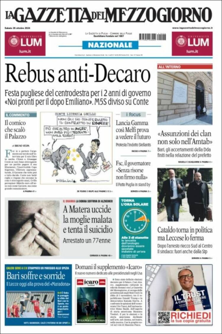 Portada de La Gazzetta del Mezzogiorno (Italia)