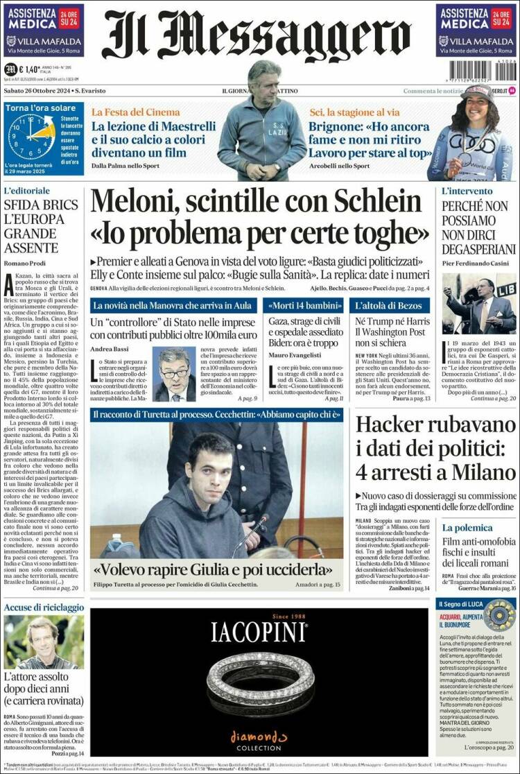Portada de Il Messaggero (Italia)