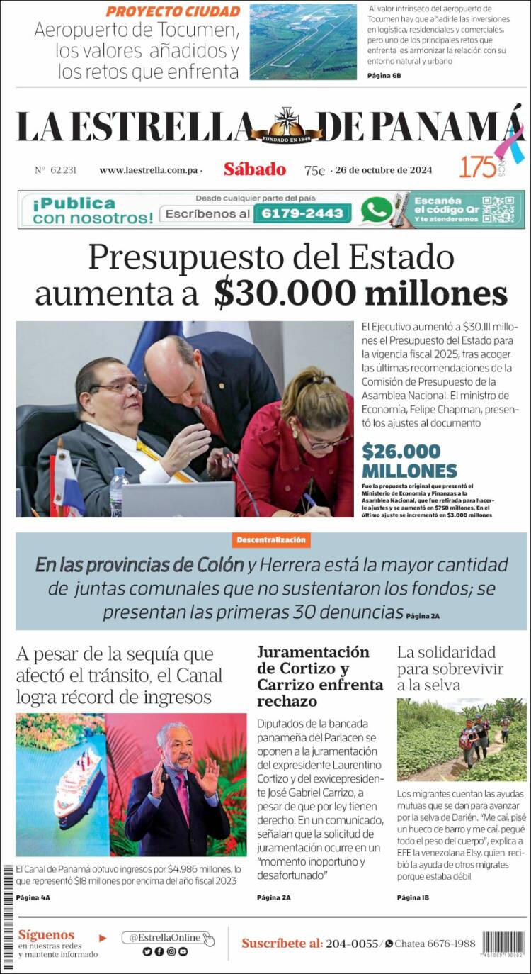 Portada de La Estrella de Panamá (Panam&aacute;)