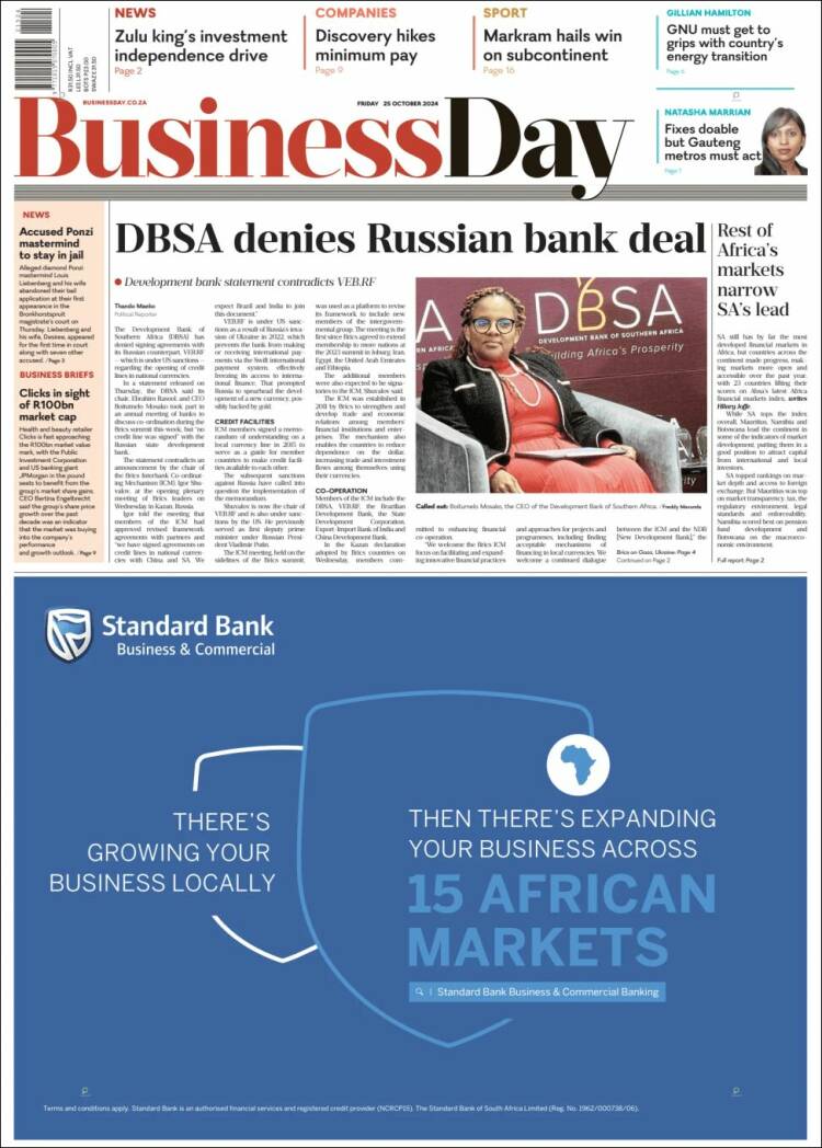 Portada de Business Day (Sud&aacute;frica)