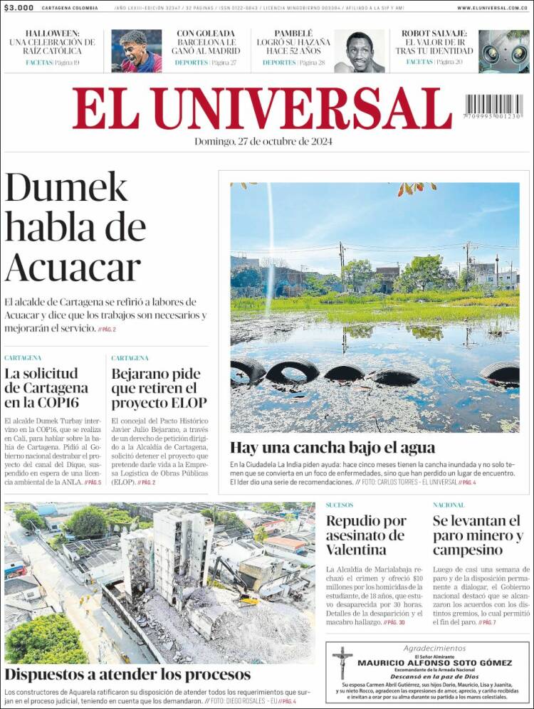 Portada de El Universal (Colombia)
