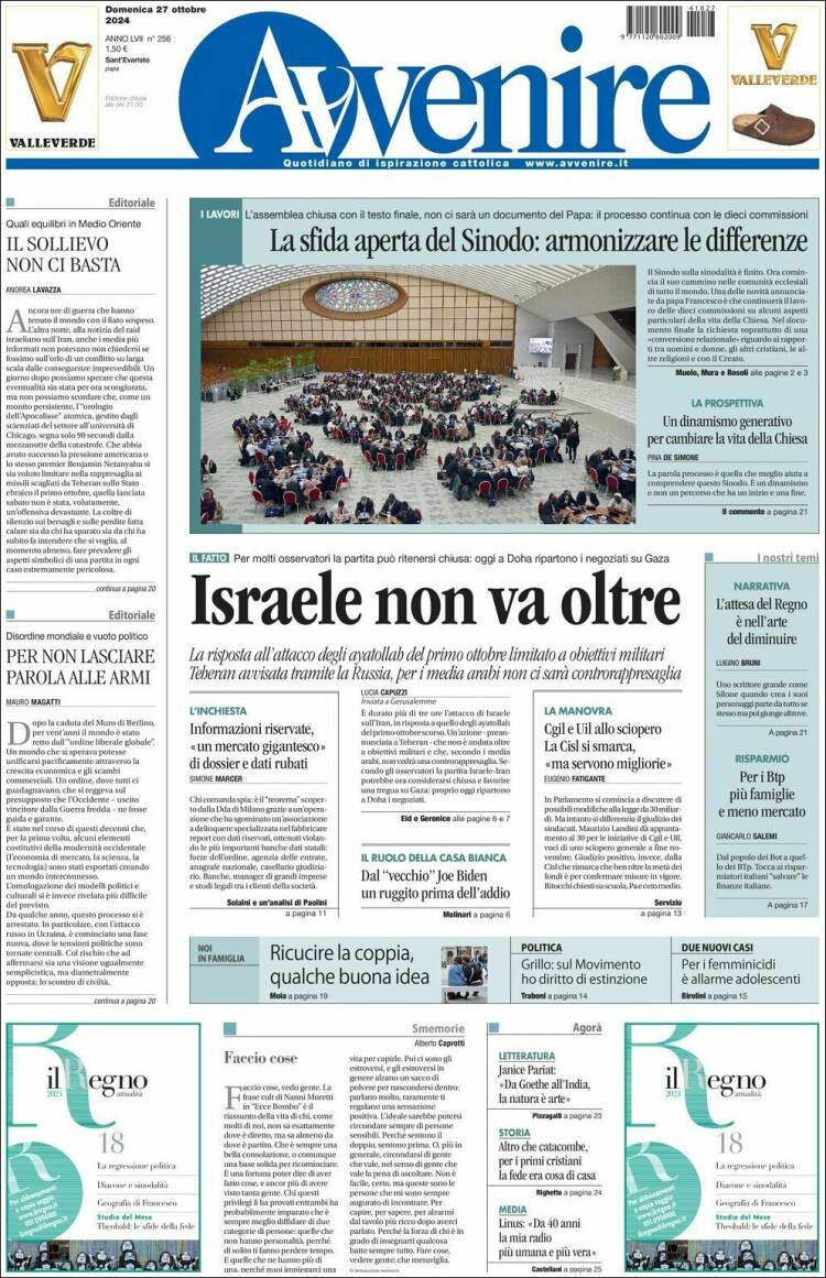 Portada de Avvenire (Italia)